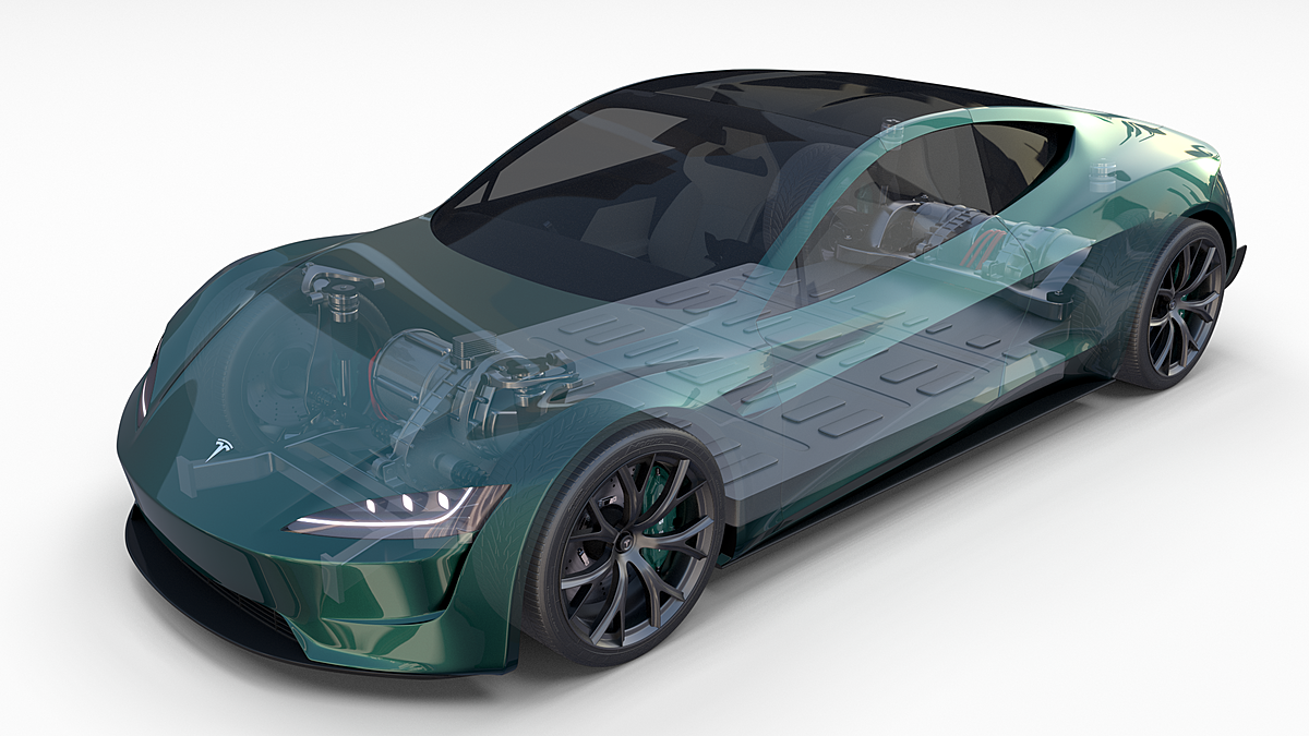 Tesla Roadster 2020 Green with interior and chassis Blender Market