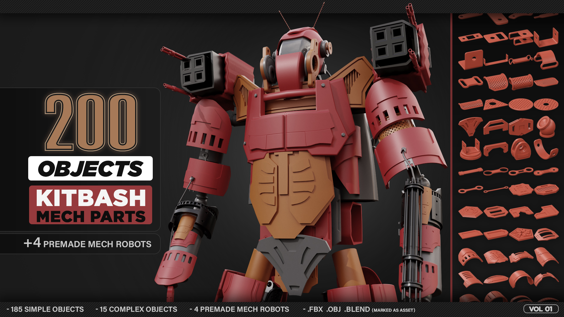 200 Objects - MECH PARTS - KITBASH - VOL 01 - Blender Market