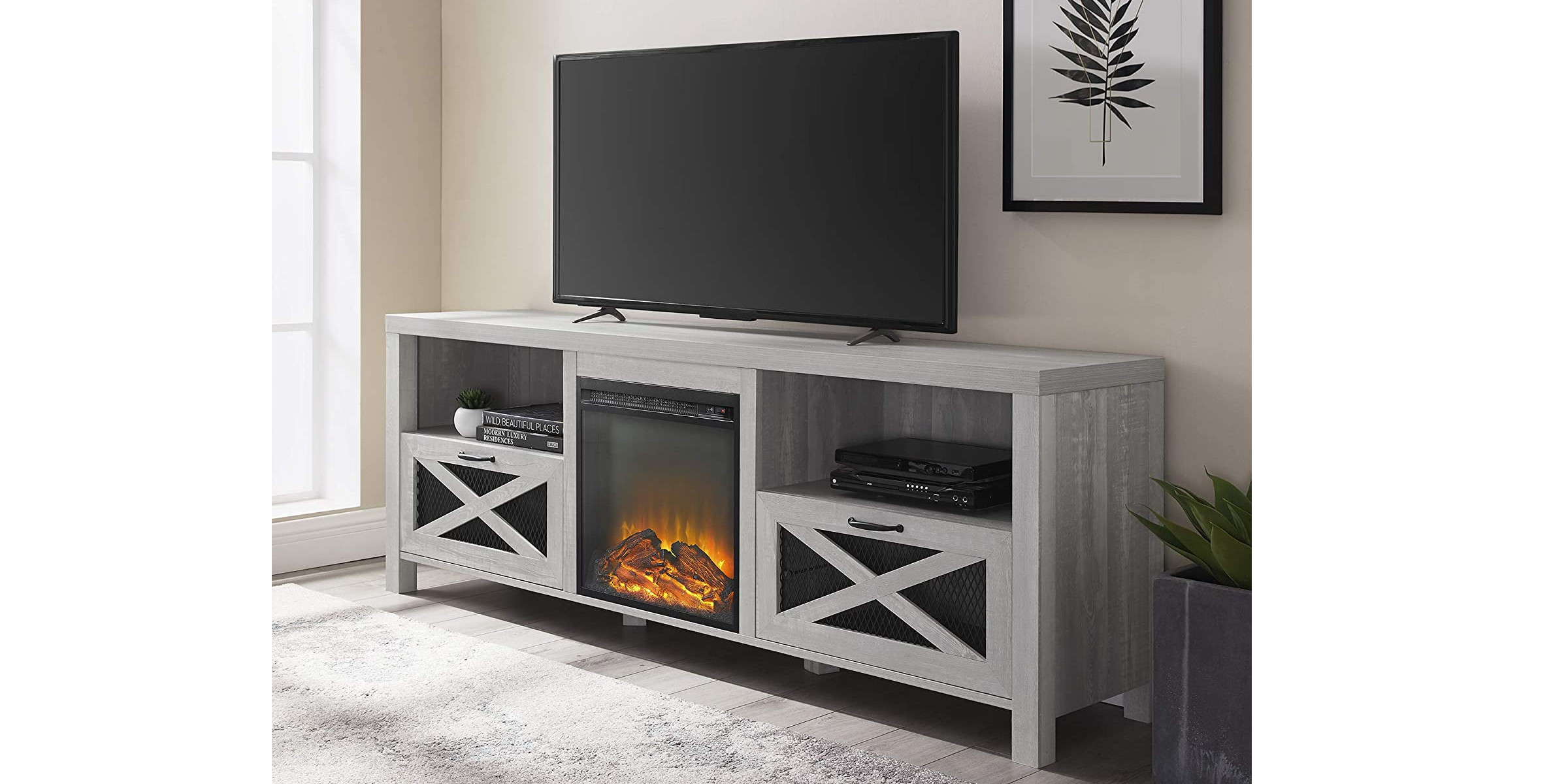 WE Furniture Fireplace TV Stand, 70", Stone Grey Blender Market