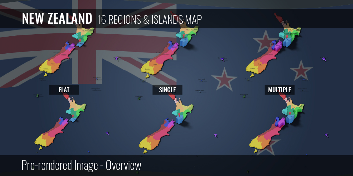 New Zealand 16 Regions & Islands Map (3D + Prerendered Images