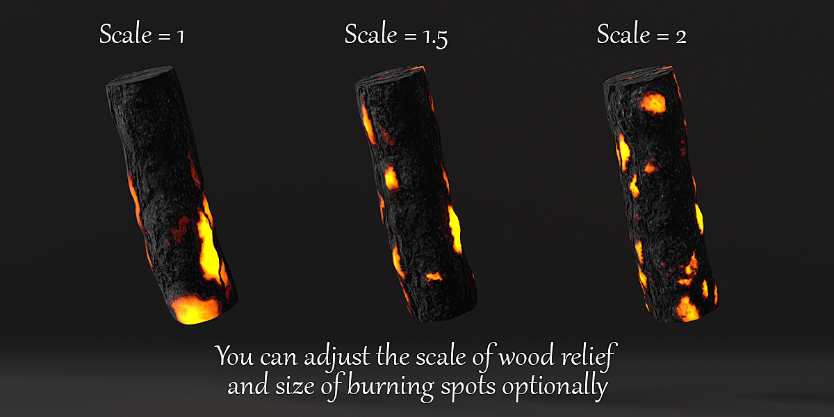 Firewood, burnung coal procedural material for Blender 3D